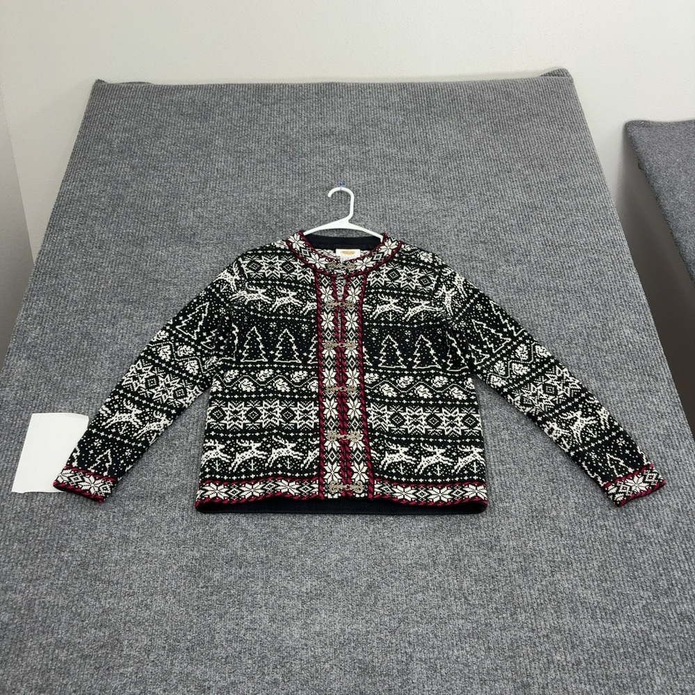Vintage Talbots Cardigan Womens S Black Cotton Reindeer Snowflake Clasp Holiday
